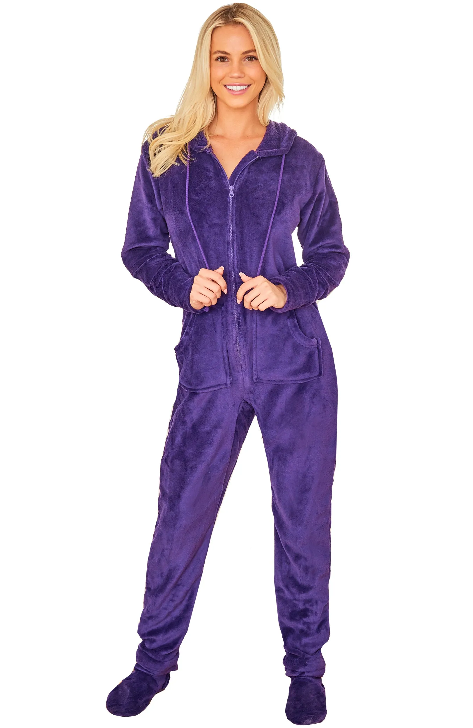 Women's Hooded Footed Pajamas, Plush Adult Onesie, Winter PJs with Hood