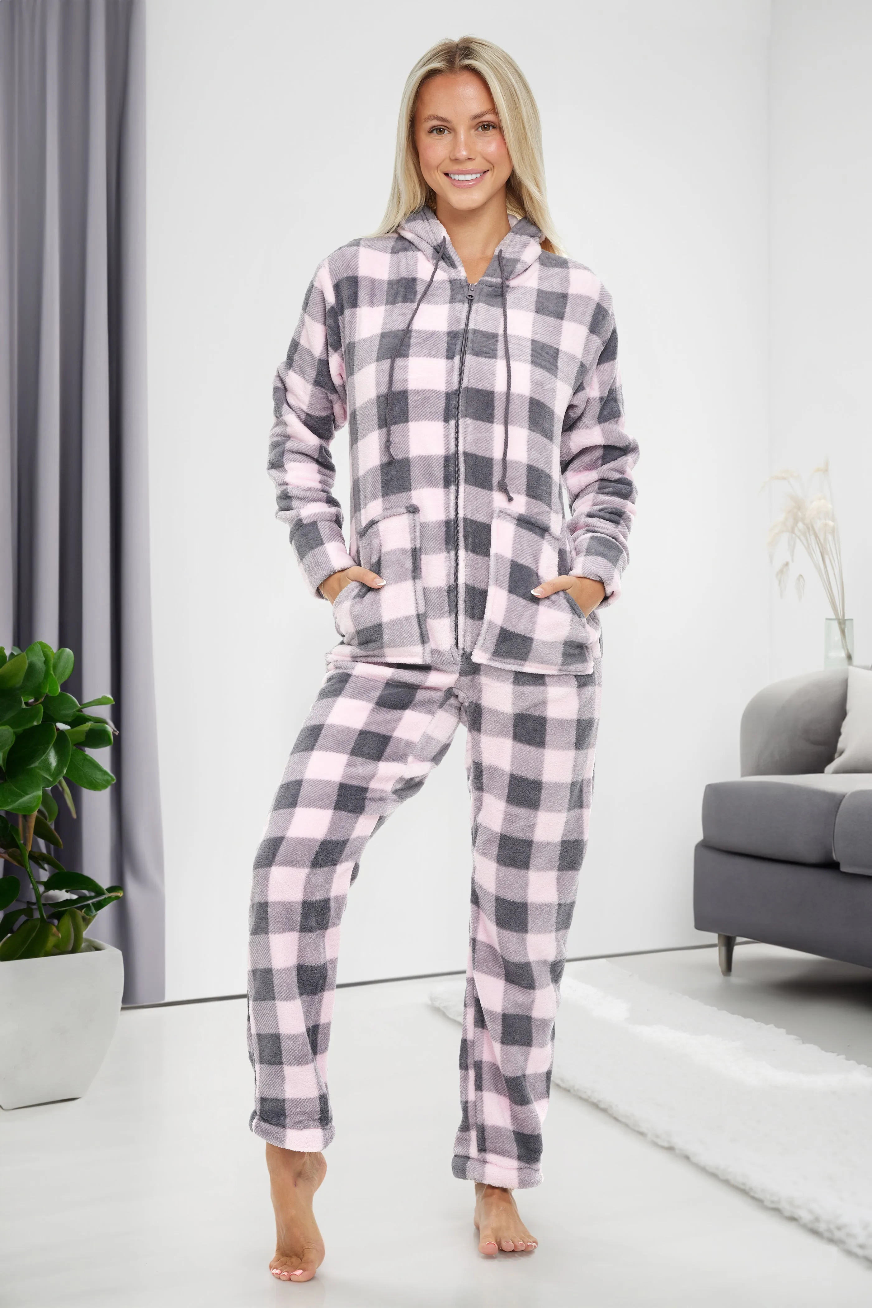 Women's Hooded Footed Pajamas, Plush Adult Onesie, Winter PJs with Hood