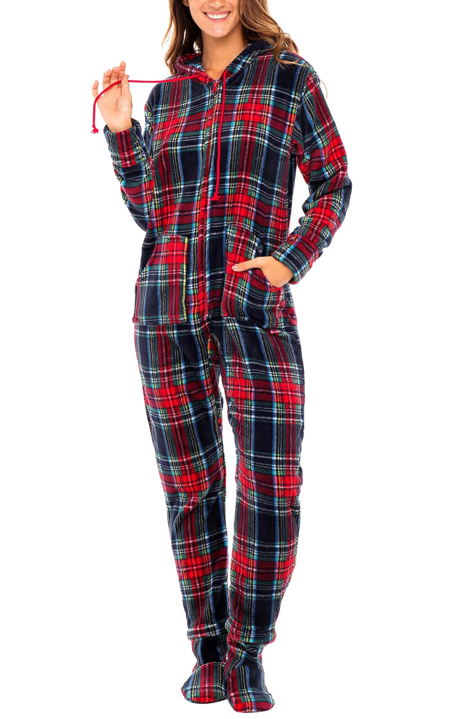 Women's Hooded Footed Pajamas, Plush Adult Onesie, Winter PJs with Hood