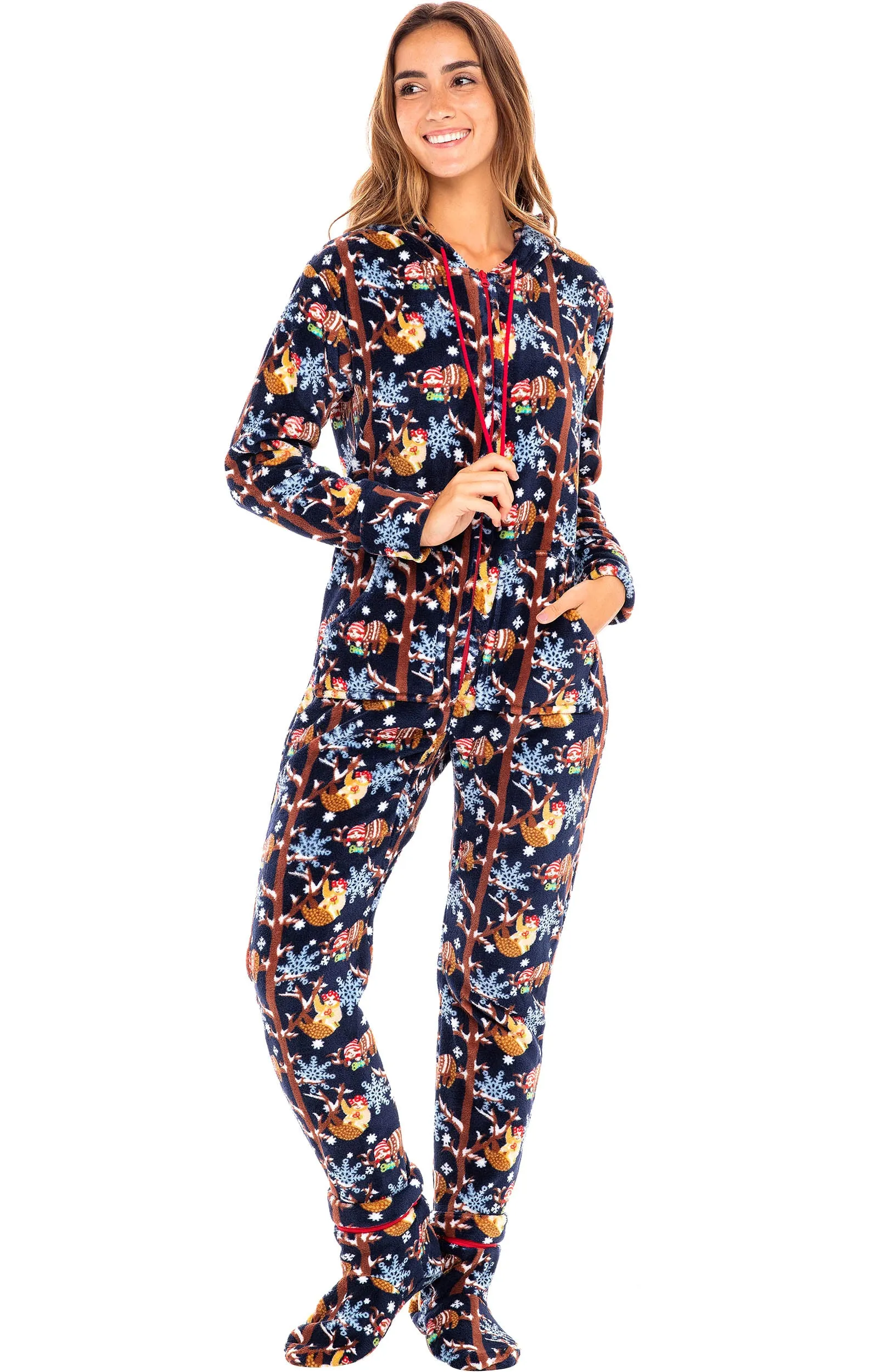 Women's Hooded Footed Pajamas, Plush Adult Onesie, Winter PJs with Hood