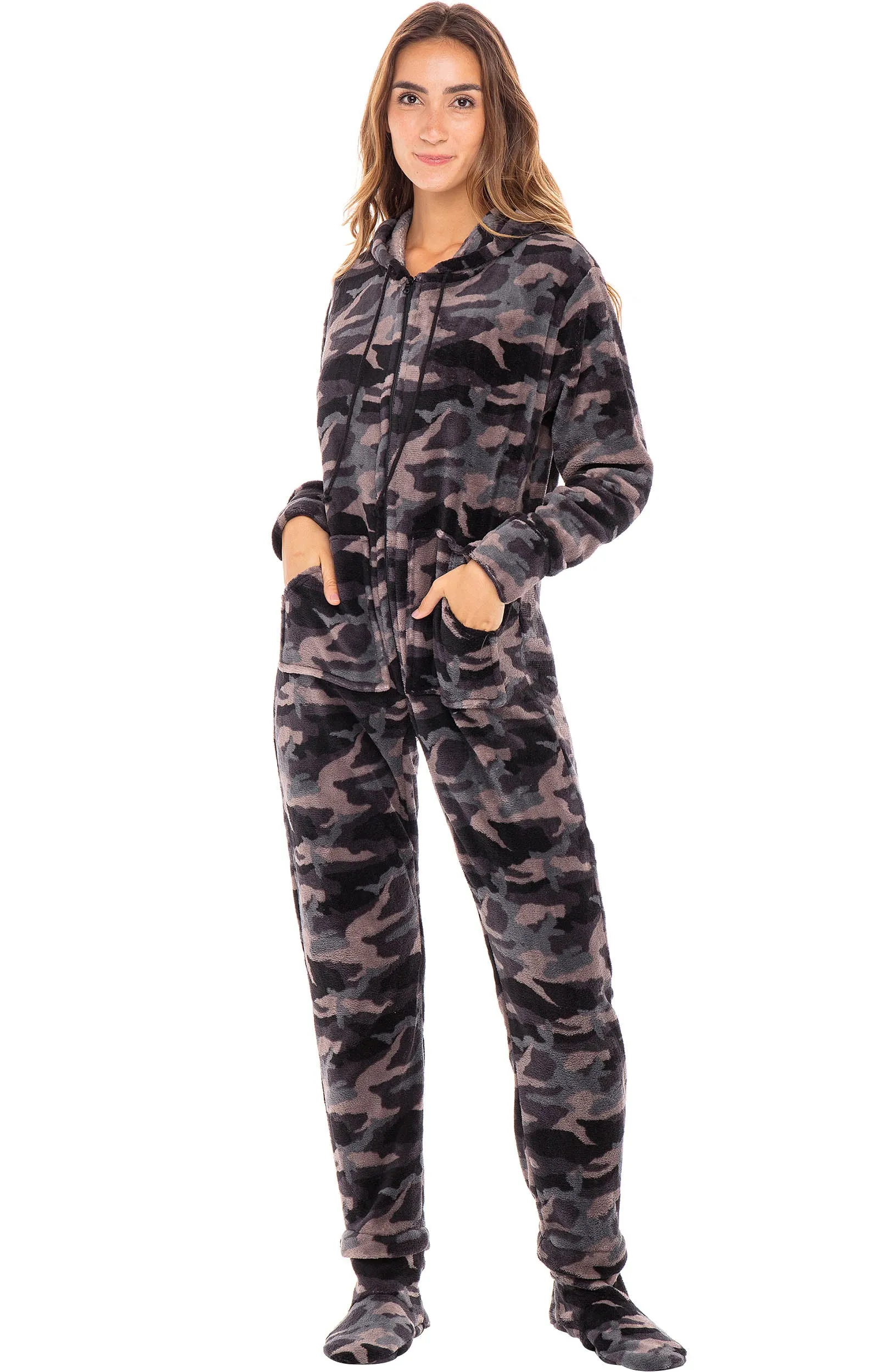 Women's Hooded Footed Pajamas, Plush Adult Onesie, Winter PJs with Hood