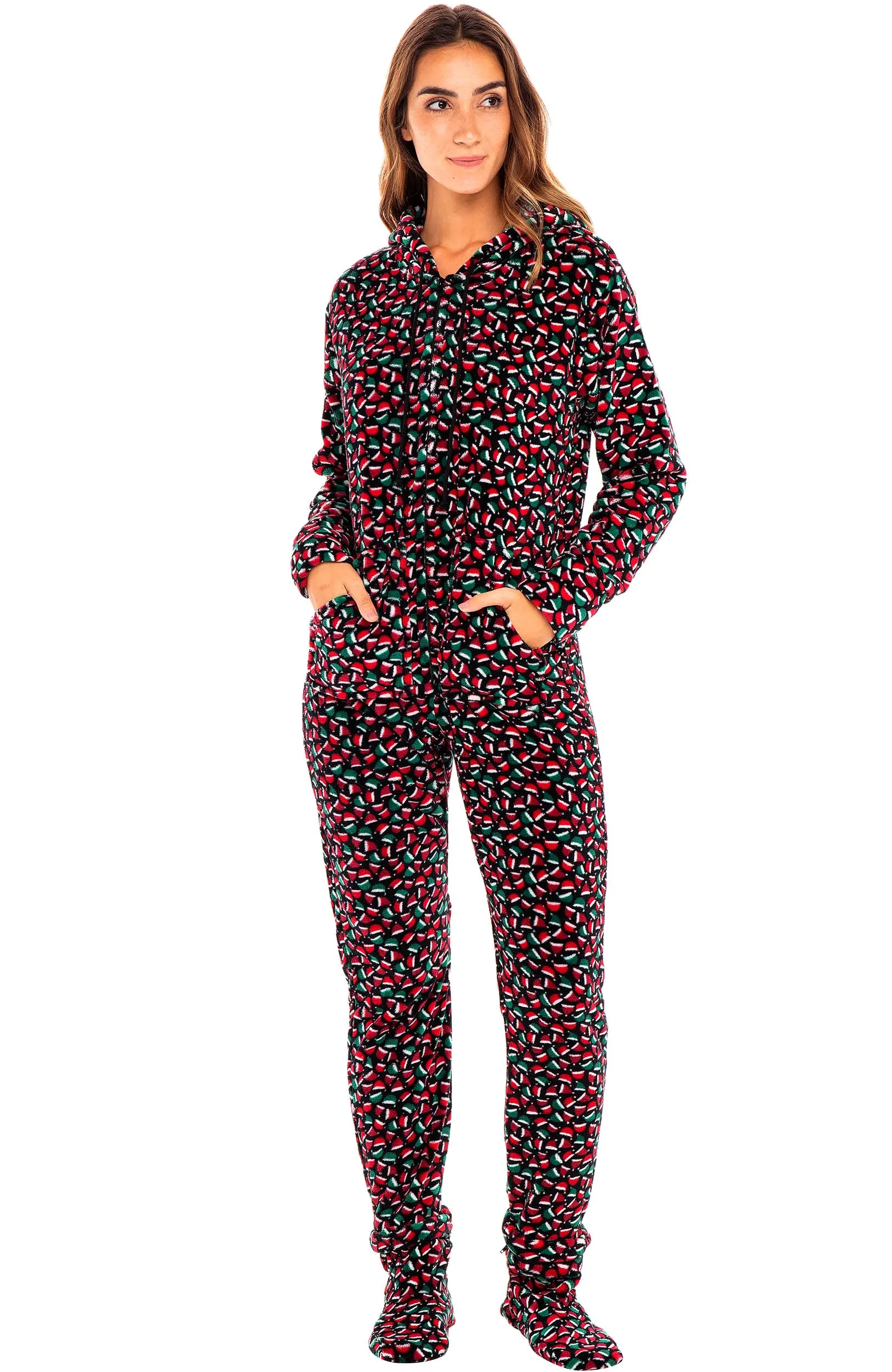 Women's Hooded Footed Pajamas, Plush Adult Onesie, Winter PJs with Hood