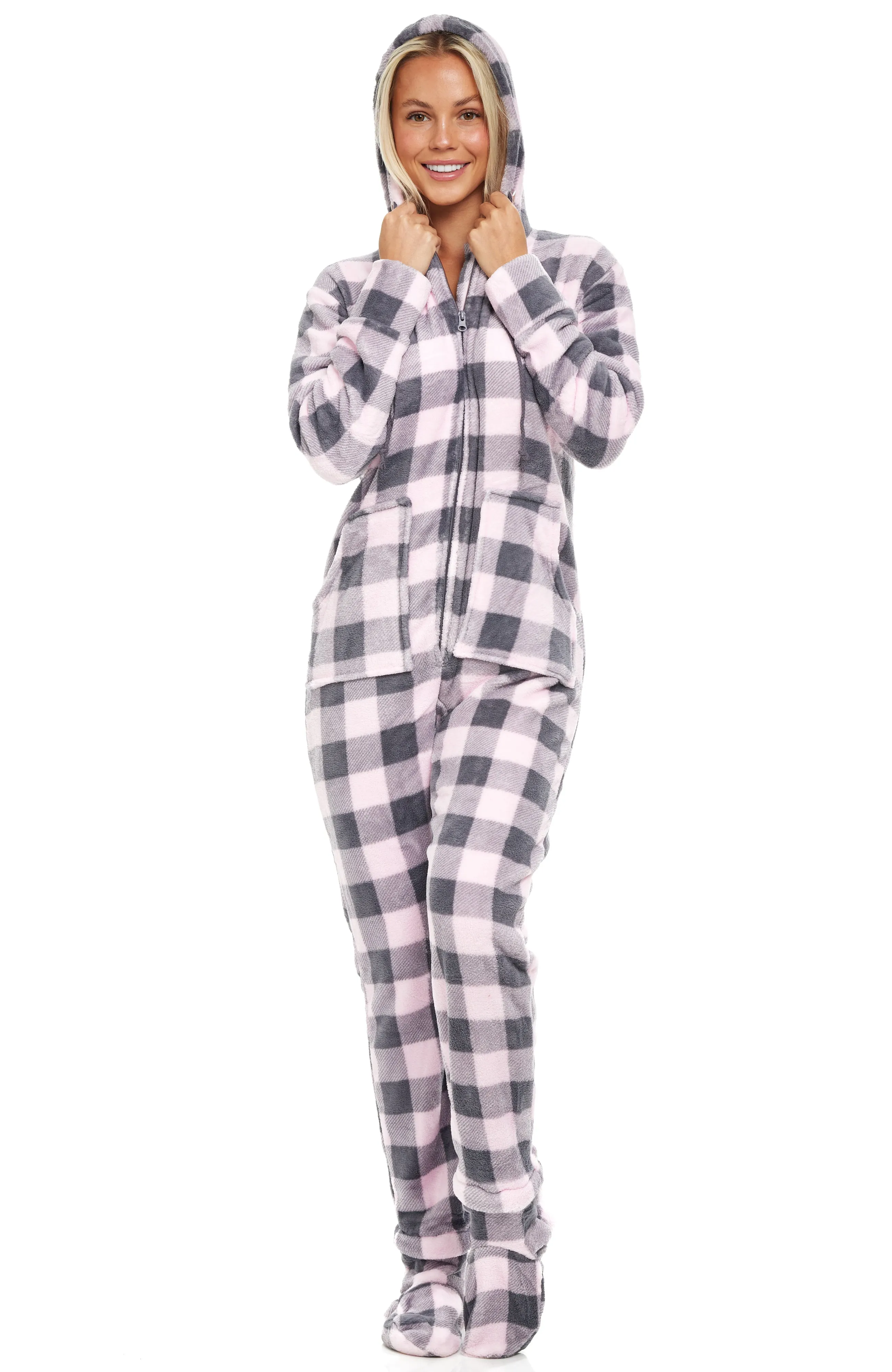 Women's Hooded Footed Pajamas, Plush Adult Onesie, Winter PJs with Hood