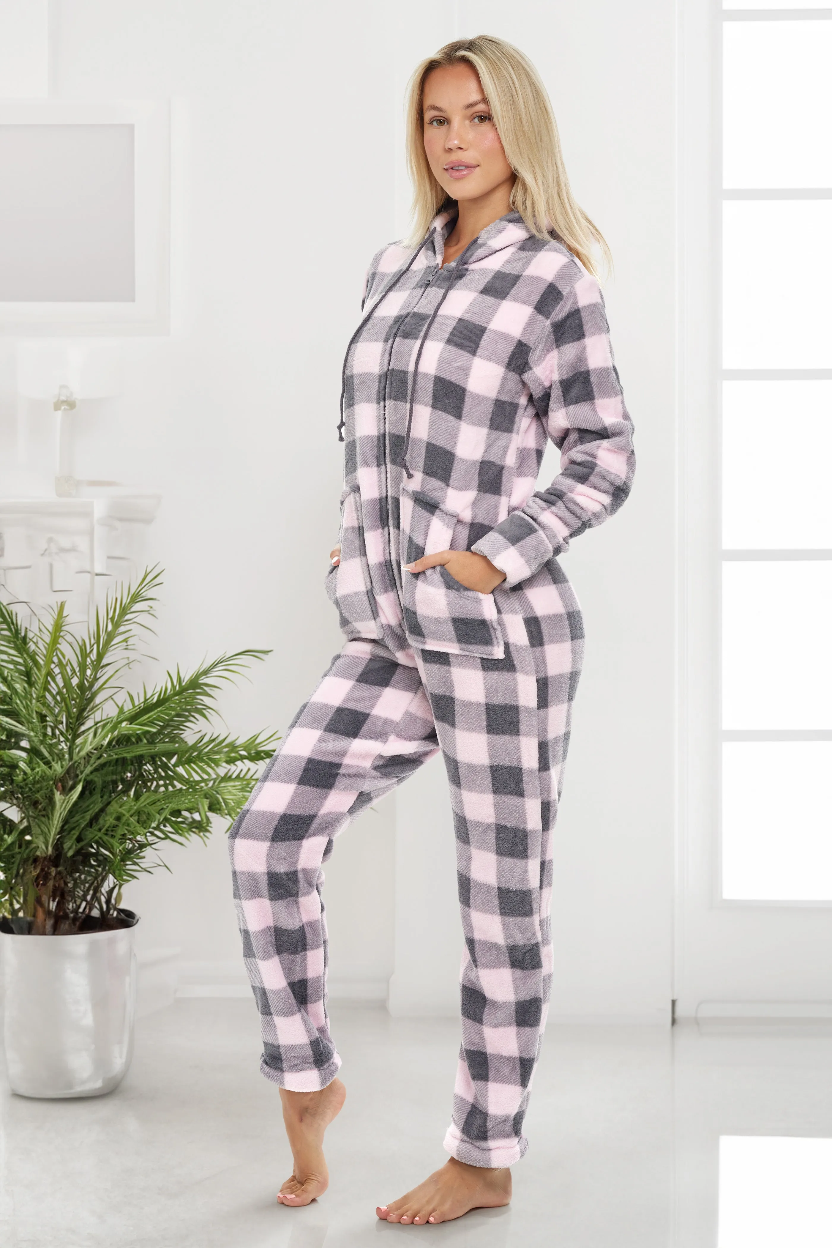 Women's Hooded Footed Pajamas, Plush Adult Onesie, Winter PJs with Hood