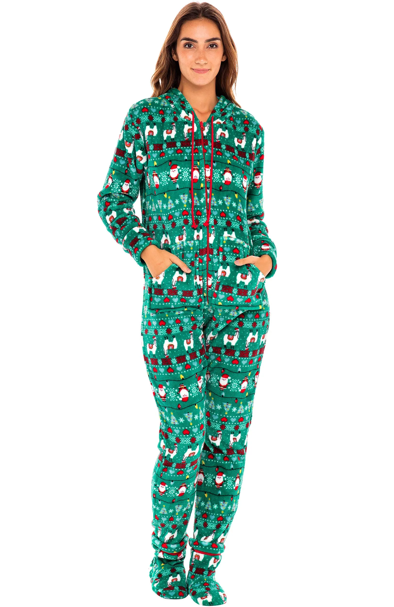 Women's Hooded Footed Pajamas, Plush Adult Onesie, Winter PJs with Hood