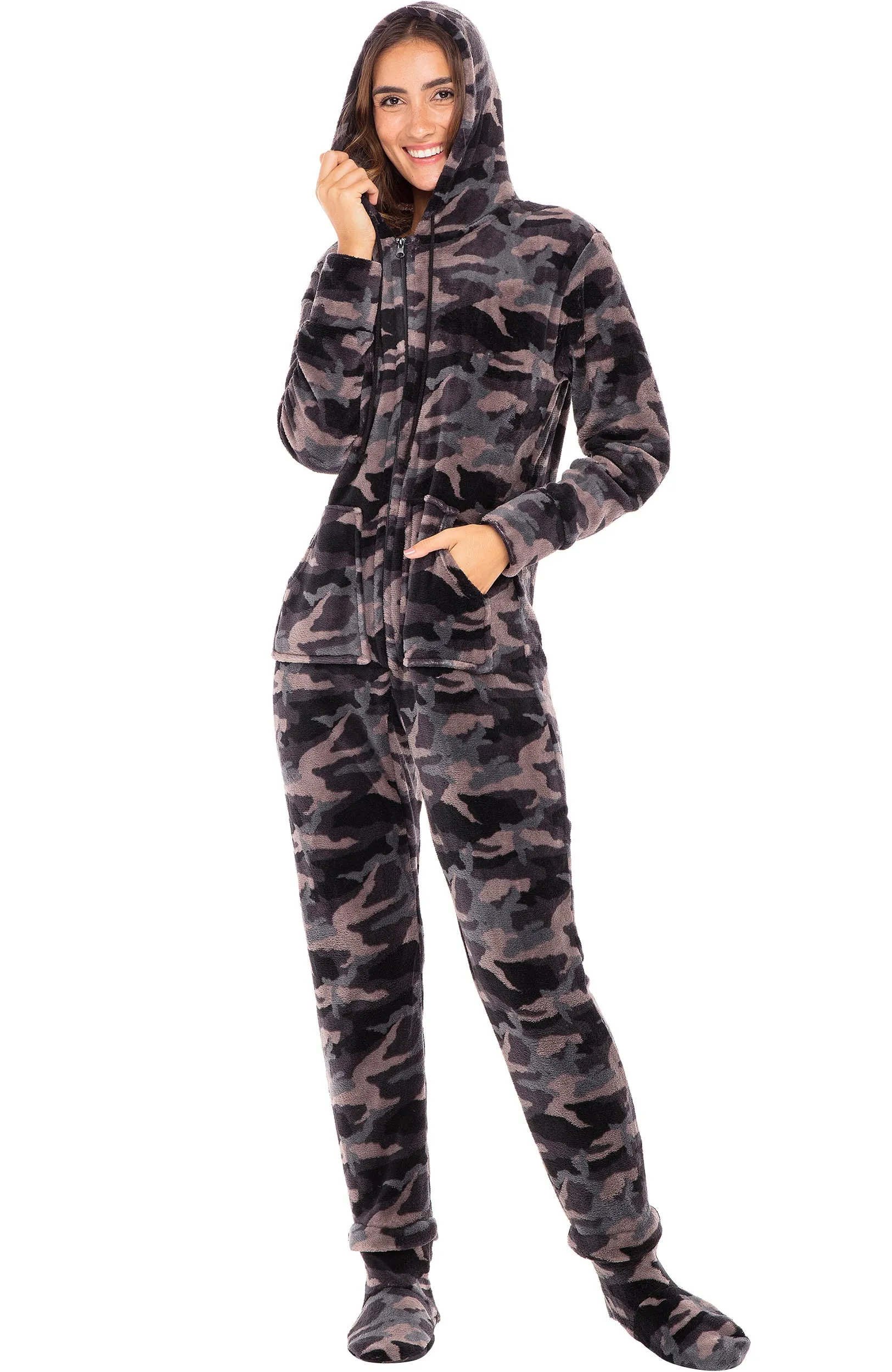 Women's Hooded Footed Pajamas, Plush Adult Onesie, Winter PJs with Hood