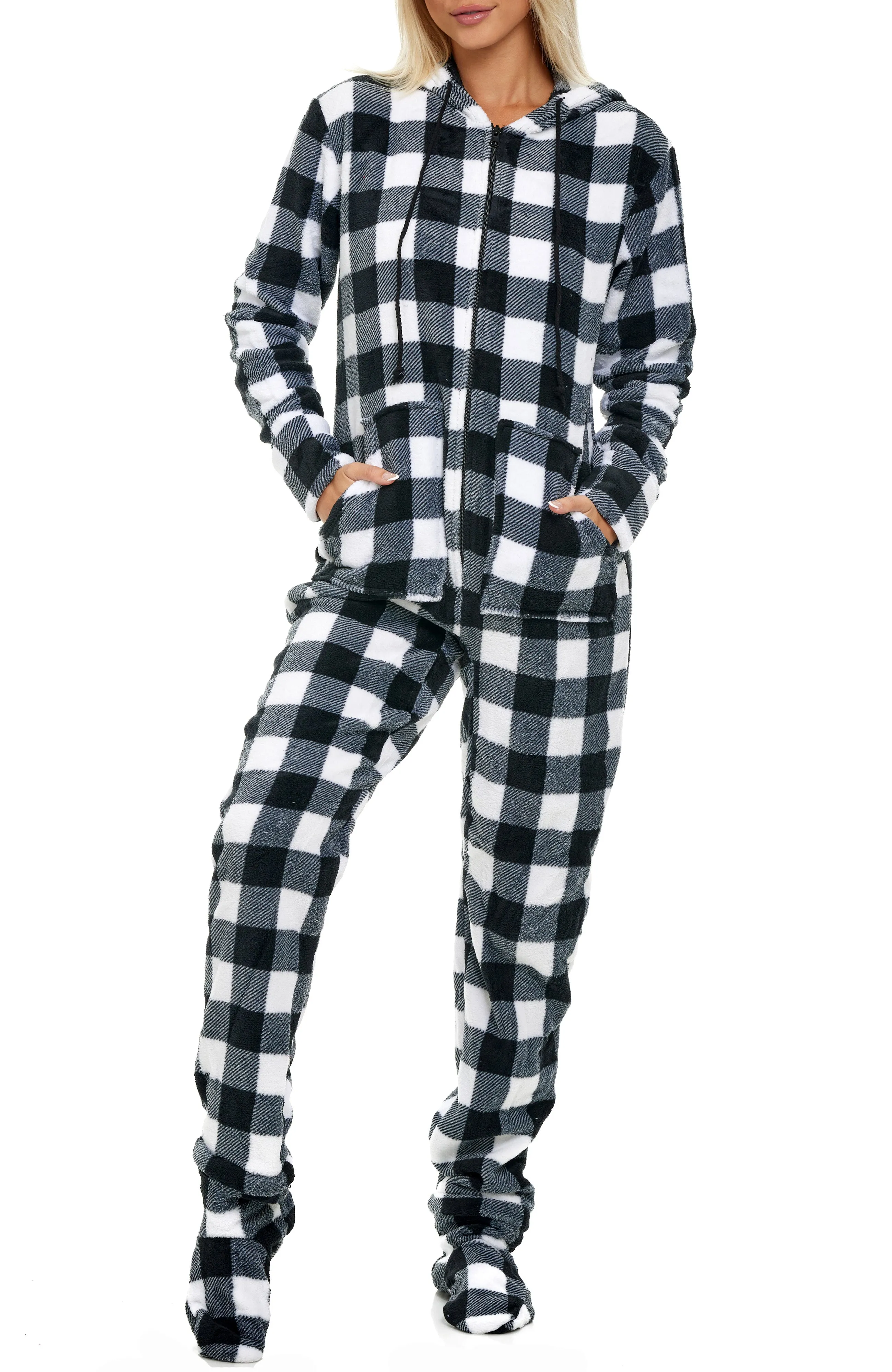 Women's Hooded Footed Pajamas, Plush Adult Onesie, Winter PJs with Hood