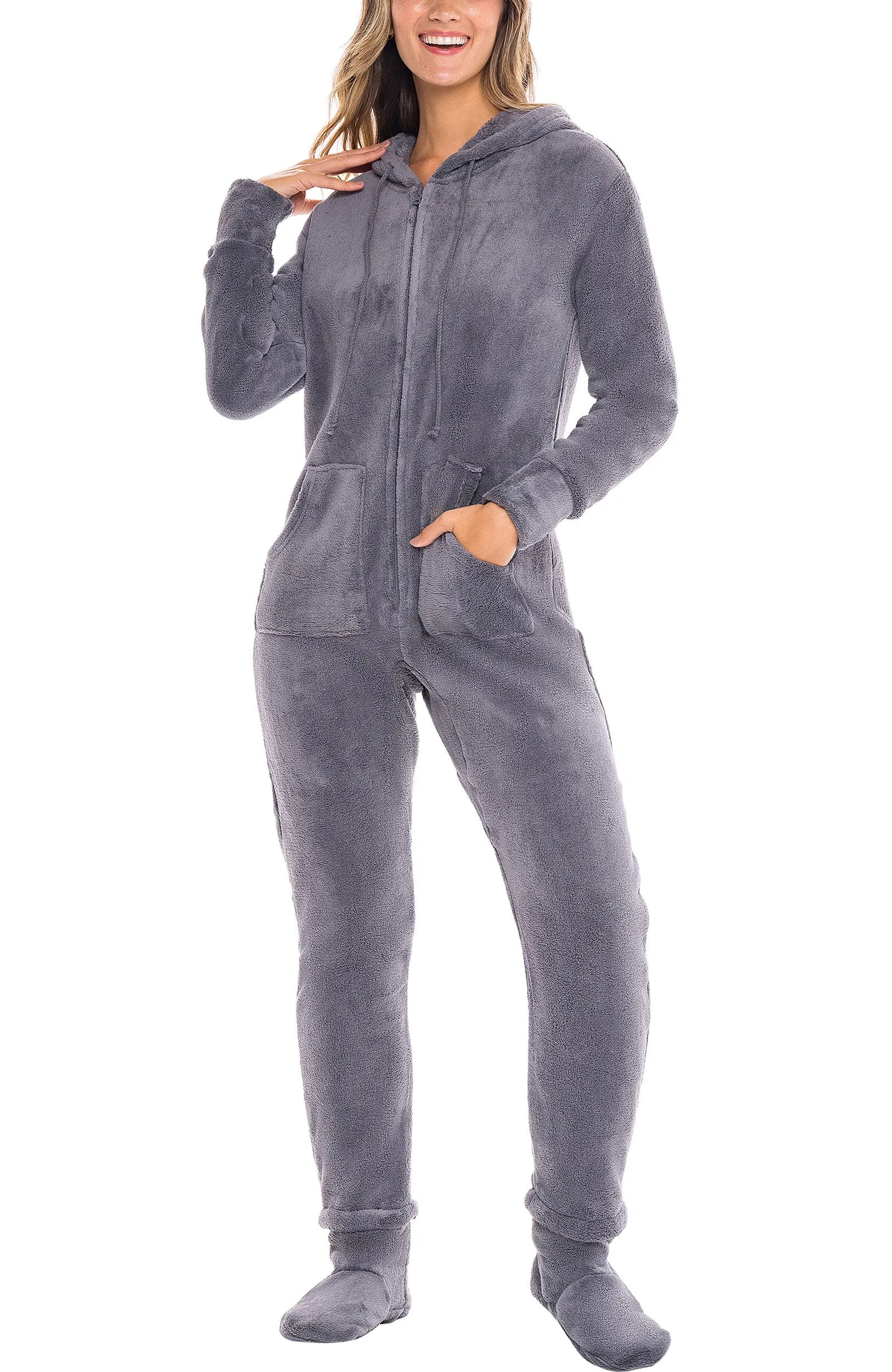 Women's Hooded Footed Pajamas, Plush Adult Onesie, Winter PJs with Hood