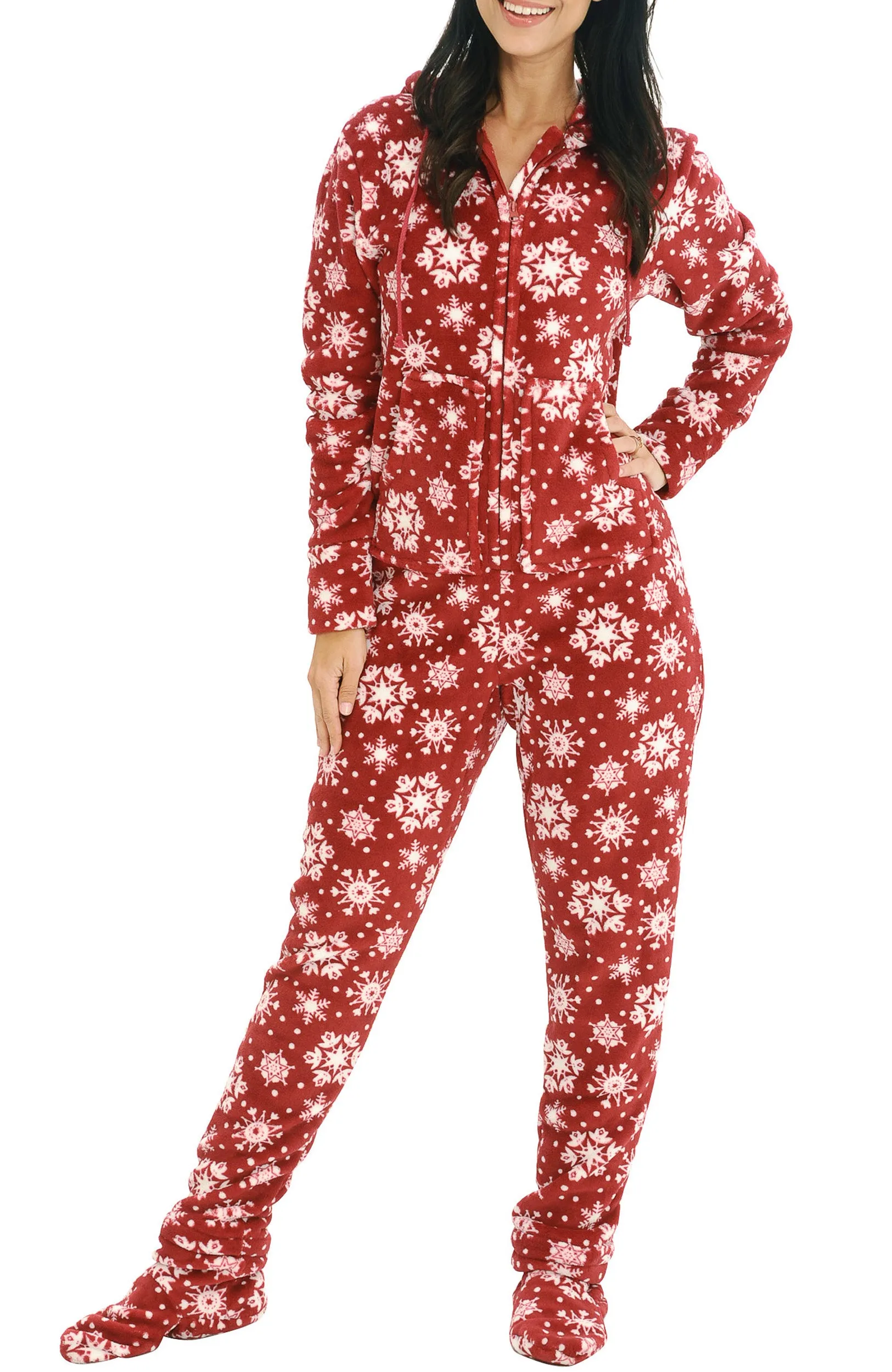 Women's Hooded Footed Pajamas, Plush Adult Onesie, Winter PJs with Hood