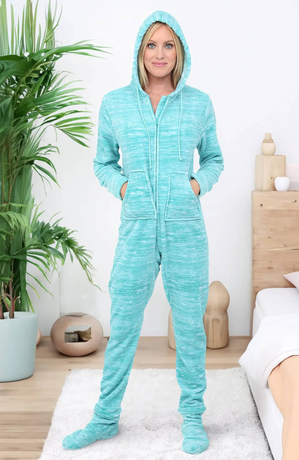 Women's Hooded Footed Pajamas, Plush Adult Onesie, Winter PJs with Hood