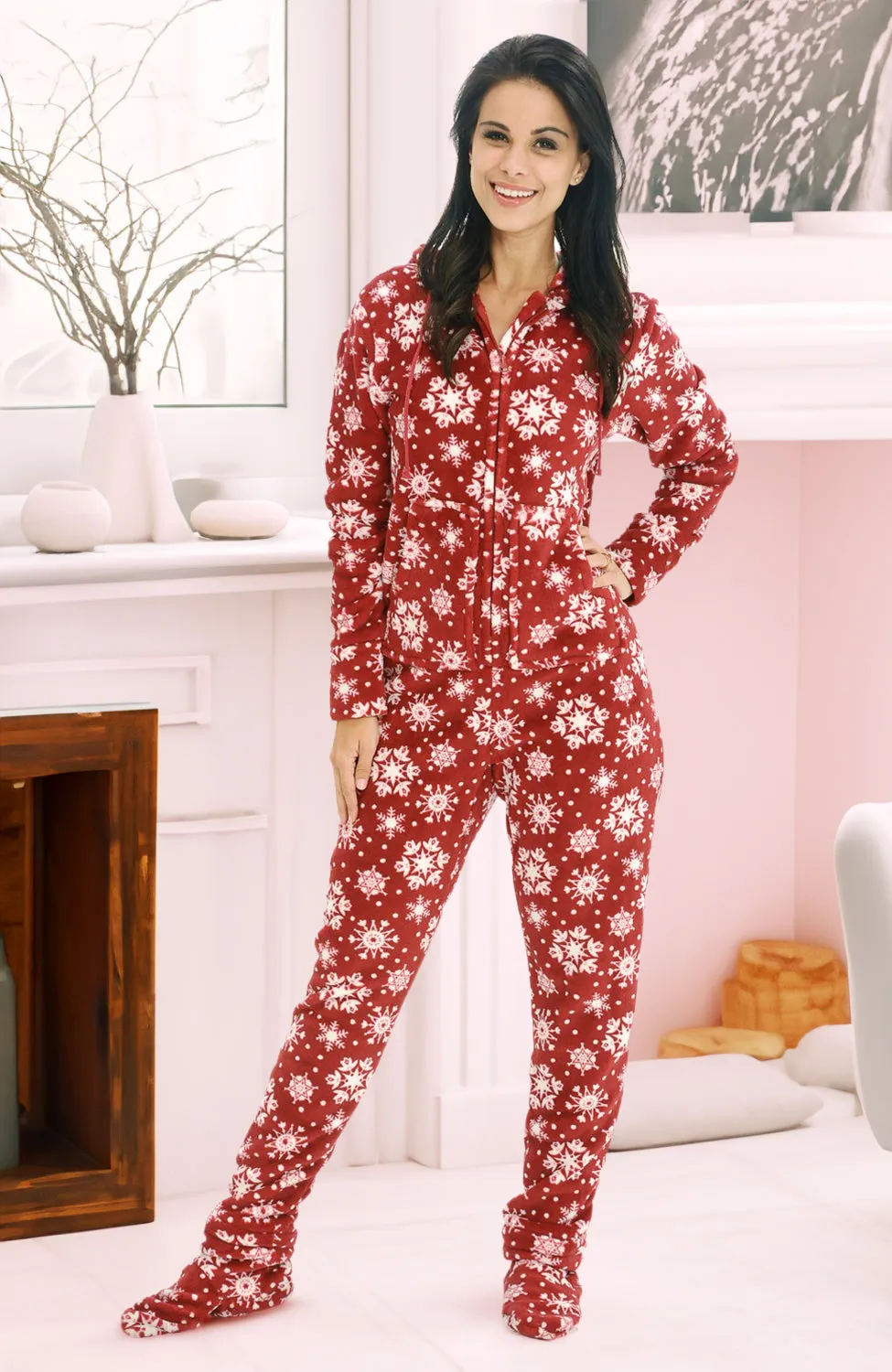 Women's Hooded Footed Pajamas, Plush Adult Onesie, Winter PJs with Hood