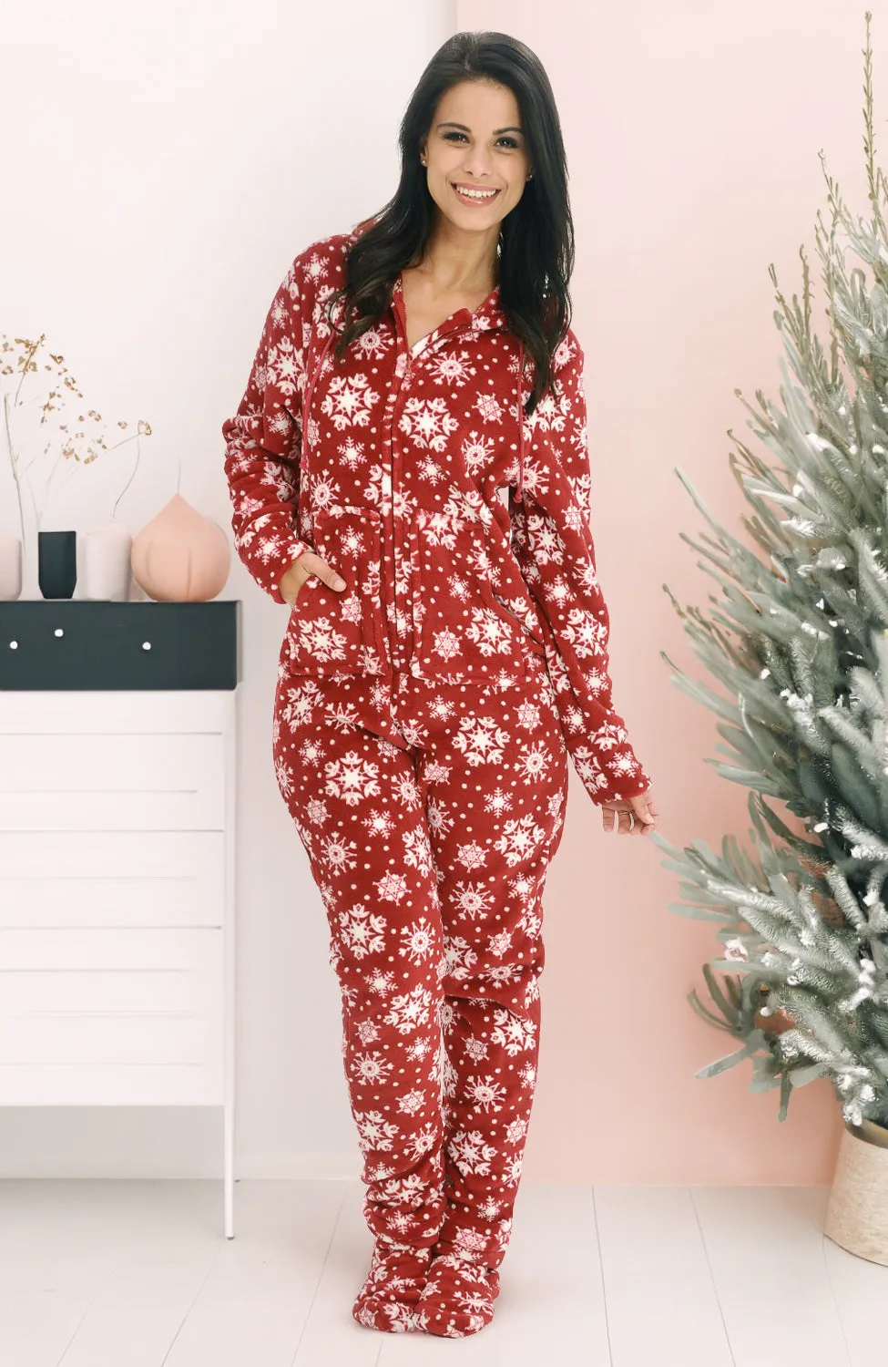 Women's Hooded Footed Pajamas, Plush Adult Onesie, Winter PJs with Hood