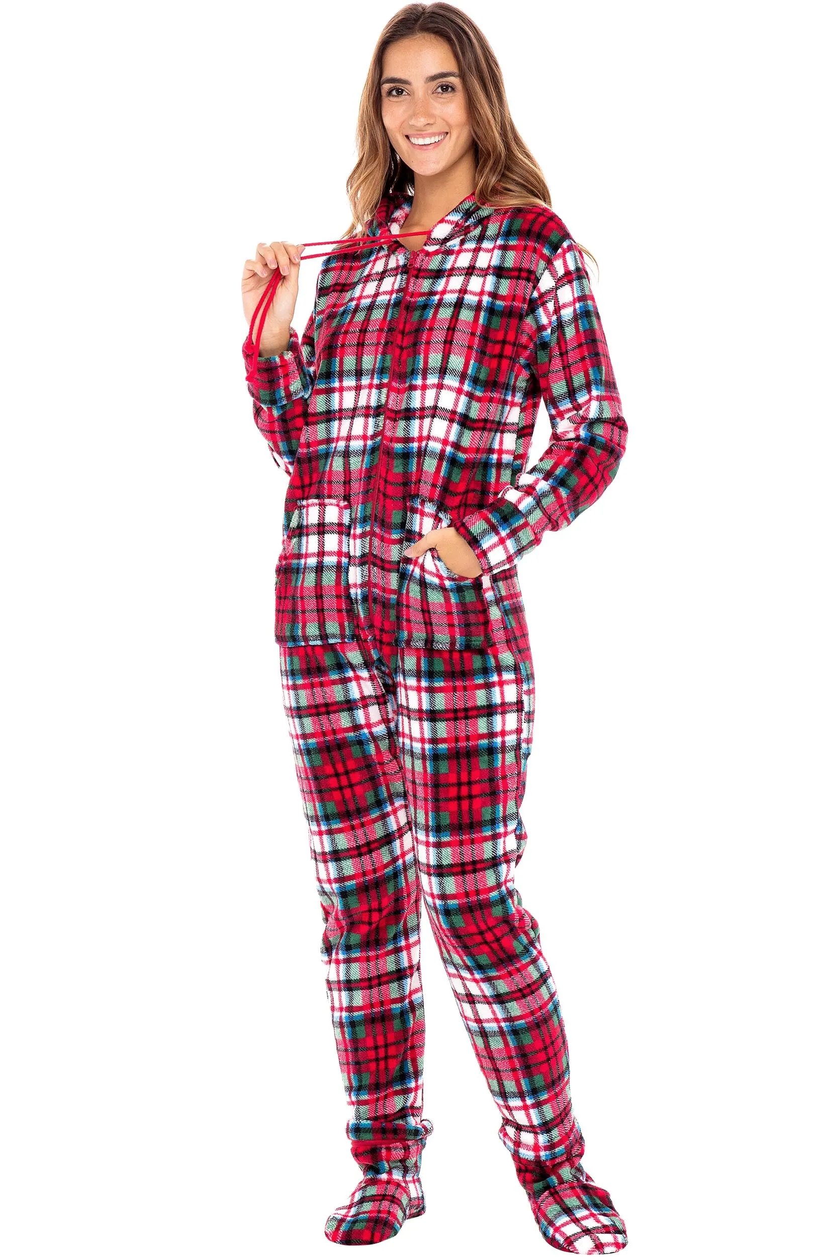 Women's Hooded Footed Pajamas, Plush Adult Onesie, Winter PJs with Hood